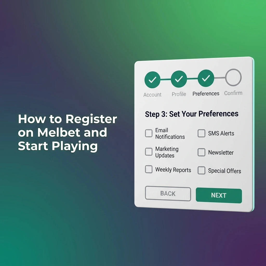 Melbet registration steps showing sign-up form, account verification, and first deposit options for Indian players