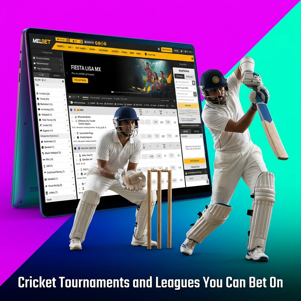 Cricket tournaments and leagues including IPL, T20 World Cup, Ashes, and domestic leagues available for betting on Melbet