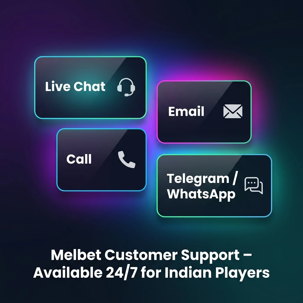 Melbet customer support channels including live chat, email, Telegram and WhatsApp available 24/7 for Indian players