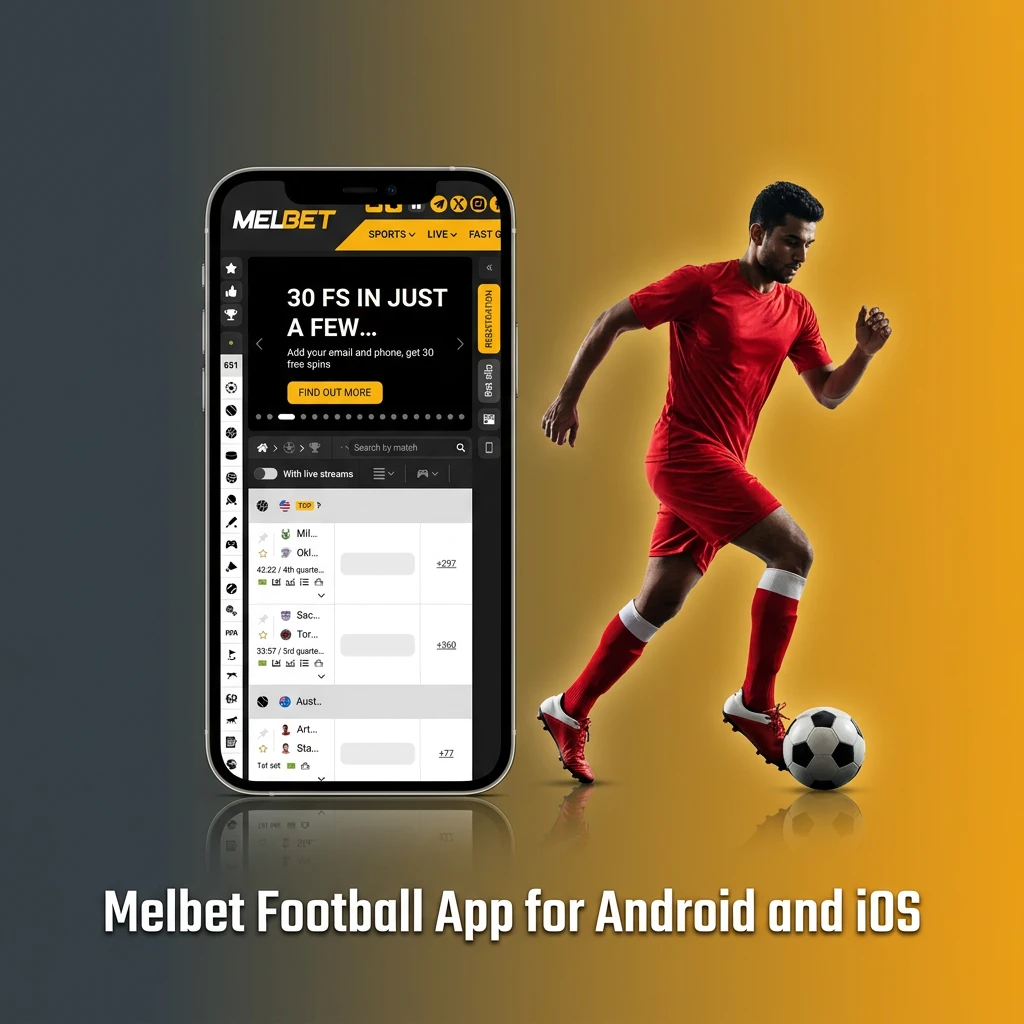 Melbet football betting app interface shown on Android and iOS smartphones with live odds and markets