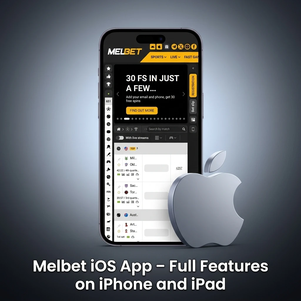 Melbet iOS app interface on iPhone and iPad showing sports betting and live casino features