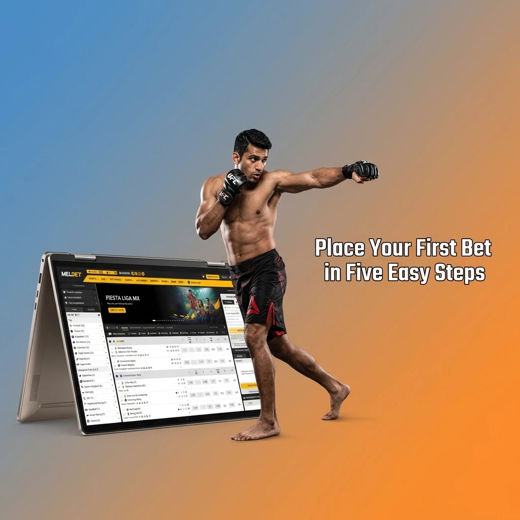 Melbet registration steps showing how to sign up, deposit funds, and place your first sports bet in India