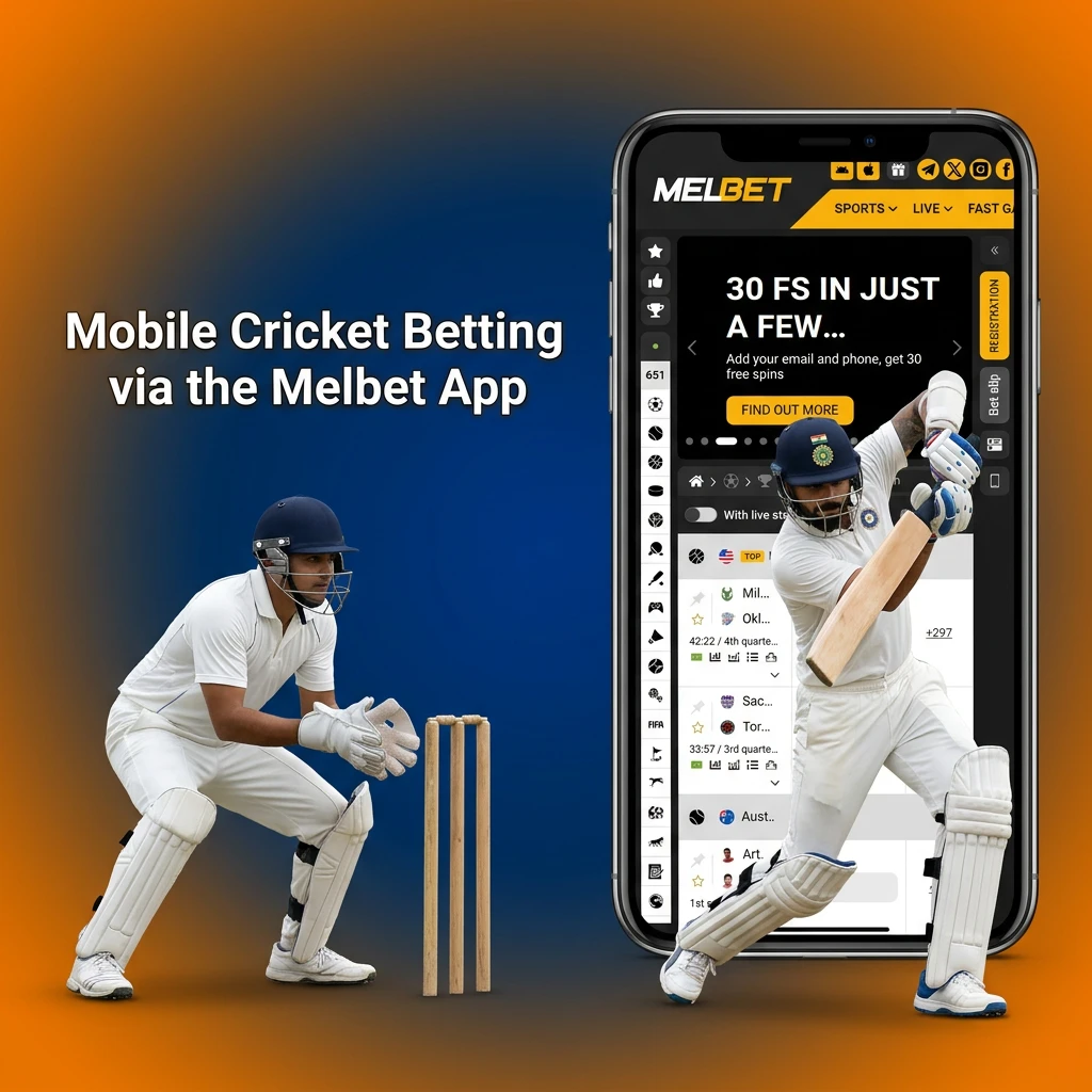 Melbet mobile app interface showing cricket betting options with live odds and bet slip on a smartphone screen