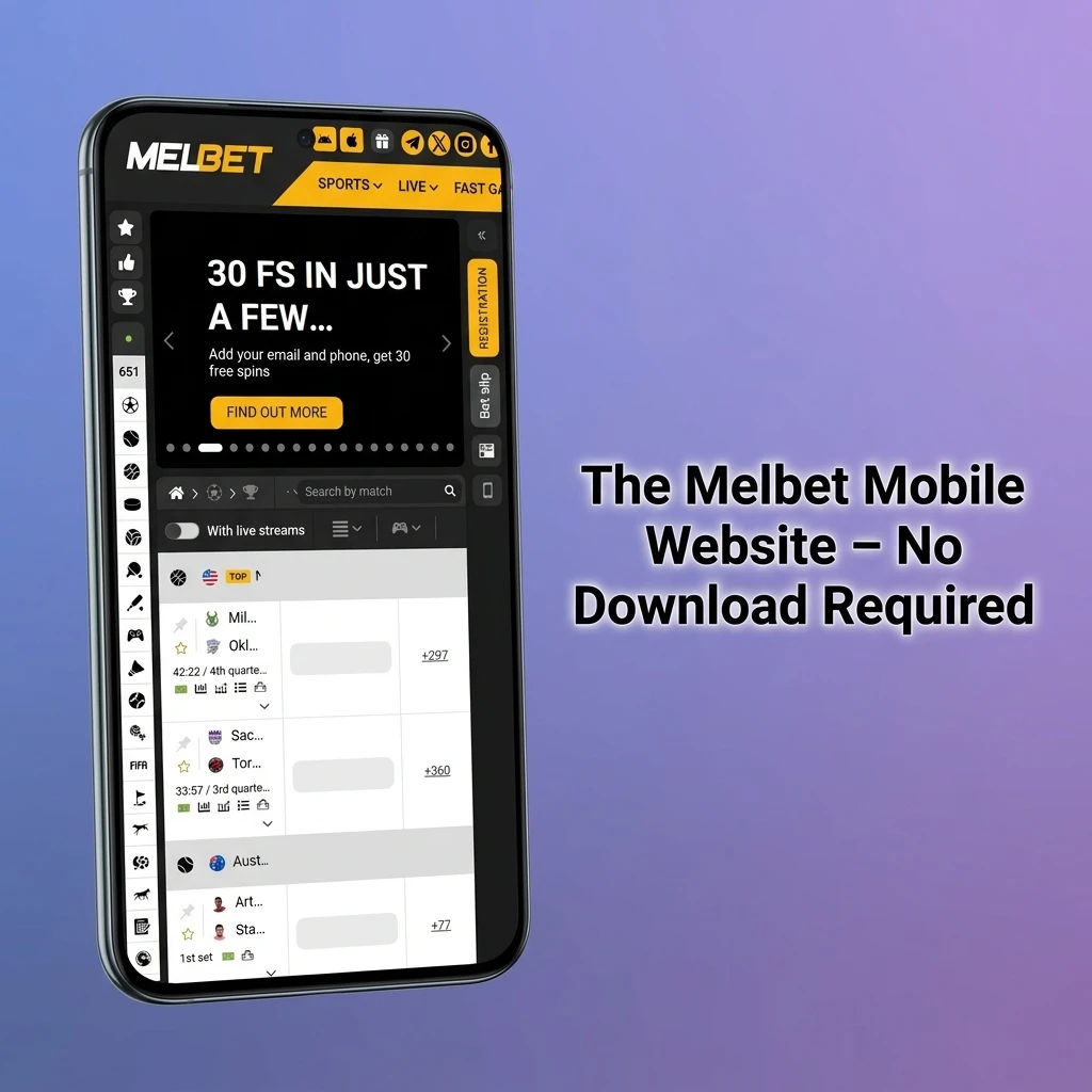 Melbet mobile website on smartphone browser showing full access to sports, casino games, and live dealer tables in India