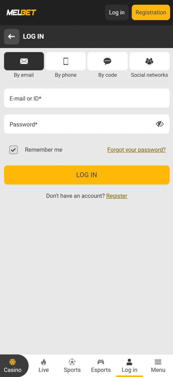 Log into the Melbet application or create a new account with ease.